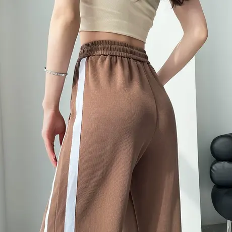 咖色铜氨丝阔腿裤女春夏薄款高腰垂感宽松显瘦休闲条纹拖地直筒裤商品大图