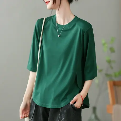 dza文艺复古白色短袖T恤女2023夏季薄款打底体恤休闲宽松套头上衣商品大图