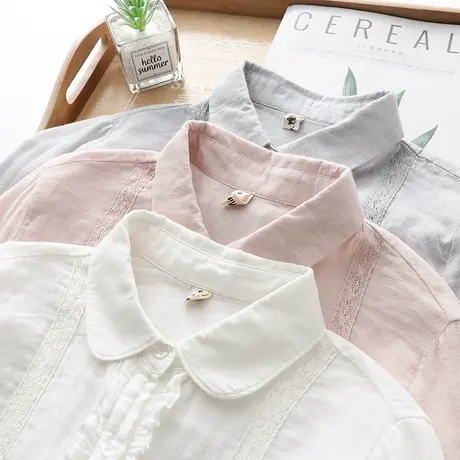 早秋日系娃娃领双层纱纯棉白色衬衫女韩版文艺范淑女打底长袖衬衣图片