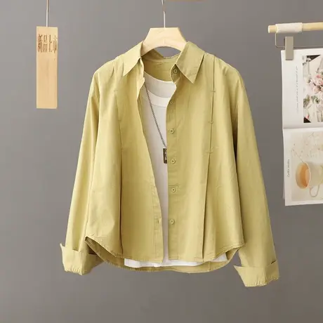 休闲绿色衬衫外套女短款小个子2024秋季新款纯棉衬衣宽松外搭上衣商品大图