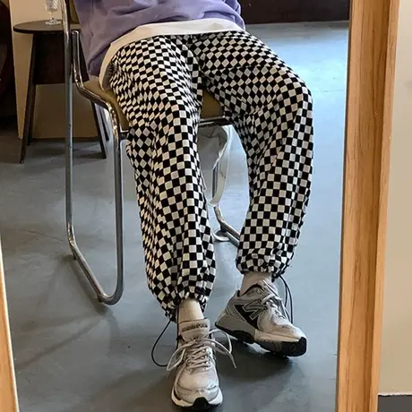 格子裤子女春秋宽松卫裤小个子高腰直筒休闲阔腿运动束脚裤潮ins图片