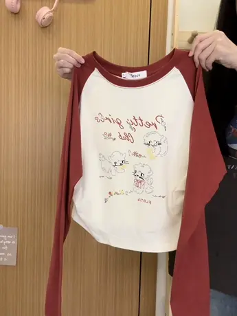 红续卡通字母插肩短款长袖T恤女减龄甜妹风显白内搭上衣秋冬新款图片