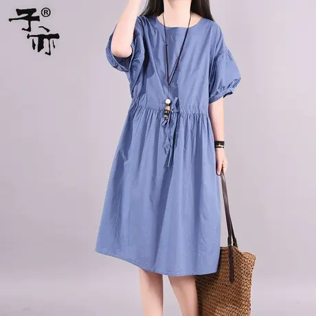 子亦夏季新品文艺范纯色圆领减龄短袖休闲系带显瘦宽松连衣裙图片