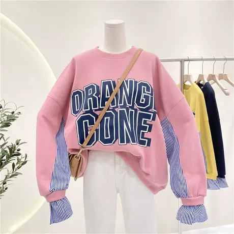 卫衣女春秋薄款2021新款韩版ins潮拼接假两件宽松撞色条纹上衣服商品大图