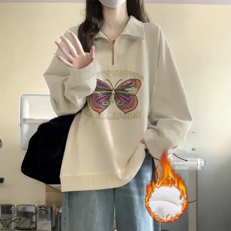 高级感oversize休闲风大码外套上衣秋冬加绒美式polo领显瘦卫衣女商品大图