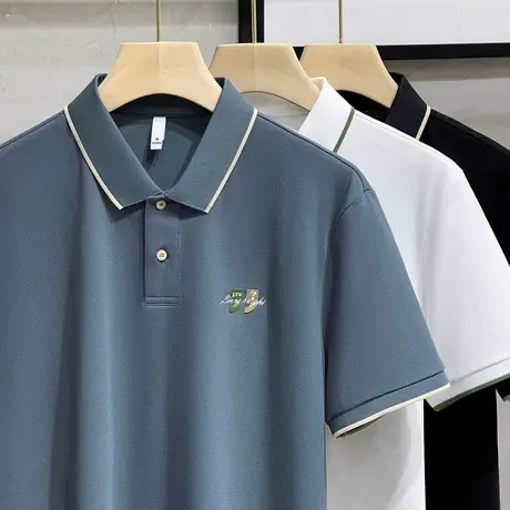 polo衫短袖男士2023夏季新款蚕丝珠地棉男士半袖T恤条纹翻领夏装商品大图