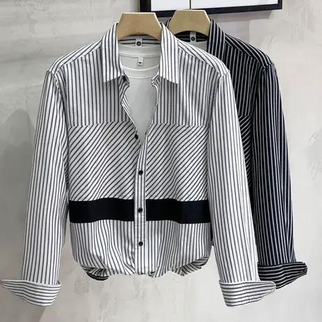 男士长袖衬衫日系休闲宽松外套条纹撞色设计感小众衬衣外穿男春秋商品大图