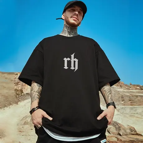 高街潮牌宽松T恤简约短袖男加肥加大五分袖纯棉肥佬大码男装夏季图片