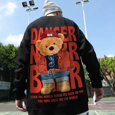 潮牌圆领加绒宽松小熊套头情侣装胖子加肥加大码男装卫衣女秋冬款商品大图