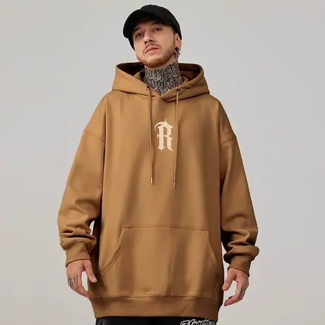 美式连帽卫衣潮牌r字母大码男装潮春秋冬季加绒嘻哈胖子男生外套图片