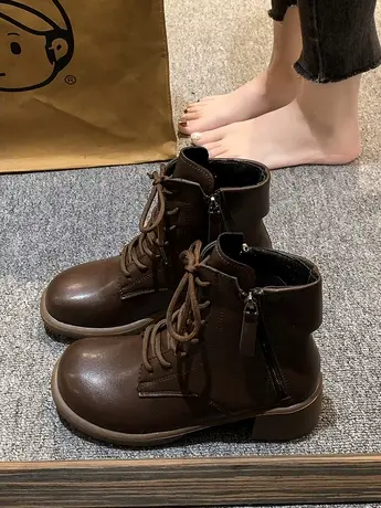 2023新款加绒马丁靴女鞋冬季英伦风厚底短靴时尚百搭粗跟复古潮图片