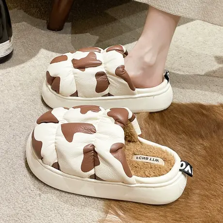 厚底奶牛棉拖鞋女2023秋冬新款ins皮面防水居家包头保暖毛毛拖鞋商品大图