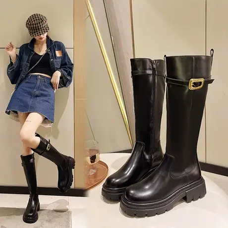 骑士靴女2024新款加绒厚底粗跟长靴高筒马丁靴小个子不过膝长筒靴商品大图