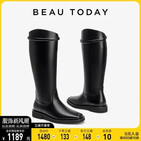 BeauToday英伦风马丁靴女2024秋季复古骑士靴BT长筒靴烟筒靴皮靴图片