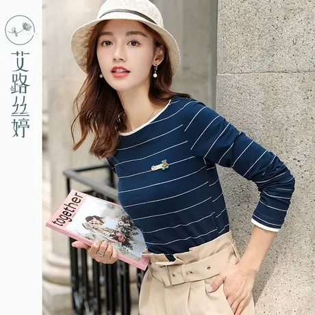 艾路丝婷条纹长袖T恤女2023春装新款圆领休闲体恤韩版修身棉上衣商品大图