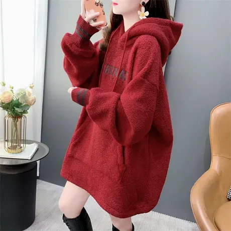 中长款加厚拼接羊羔毛卫衣外套女2023新款秋冬宽松慵懒风休闲上衣图片