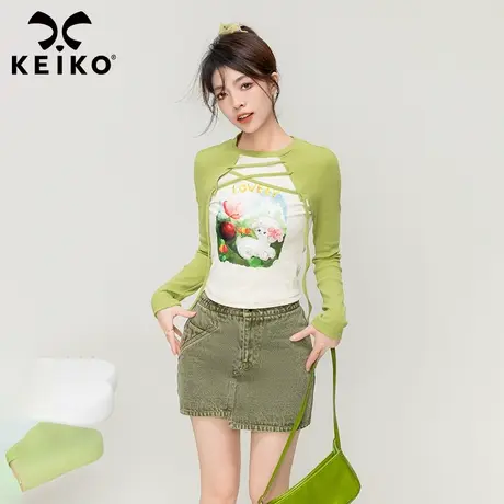 KEIKO美式撞色插肩长袖t恤早春多巴胺穿搭卡通印花防晒上衣打底衫图片
