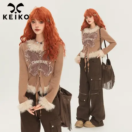KEIKO 设计感蝴蝶花针织上衣24早春仿狐狸毛拼接辣妹显瘦开衫外套商品大图