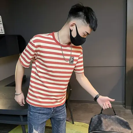 夏季男士短袖t恤时尚条纹半袖休闲网红潮牌潮流简约学生圆领体恤商品大图