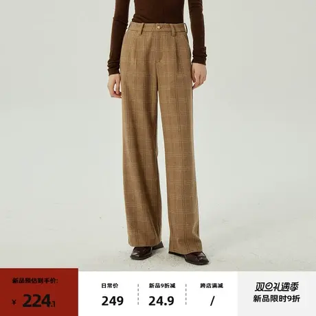 omont蛋挞家 复古格子休闲裤女2023冬季新款高腰直筒显瘦长裤子商品大图