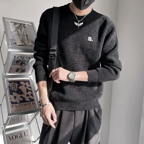 雪尼尔毛衣男冬季2023新款修身保暖内搭针织衫潮牌刺绣纯色毛线衣图片