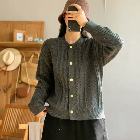 dza 复古羊毛针织开衫女秋冬短款毛衣外套女休闲宽松内搭叠穿上衣图片