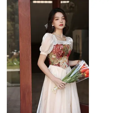 法式敬酒服新娘夏季领证登记小礼服订婚连衣裙聚会复古拼接香槟色商品大图