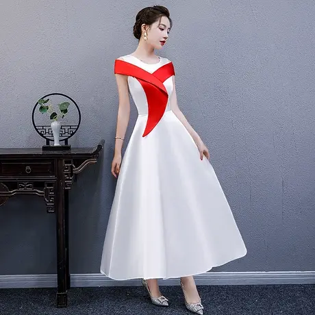 白色礼仪服装颁奖演讲比赛朗诵合唱团演出服主持人女晚礼服裙女长商品大图