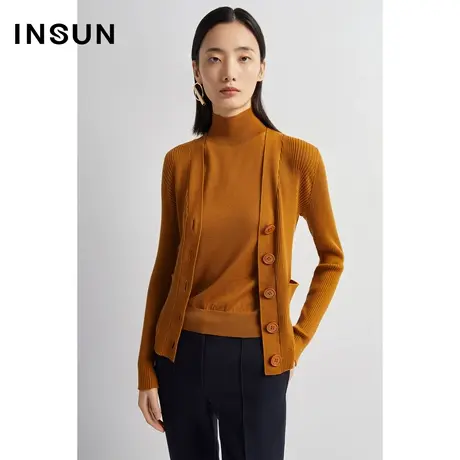 INSUN恩裳秋季圆扣简约坑条显瘦羊毛针织衫图片