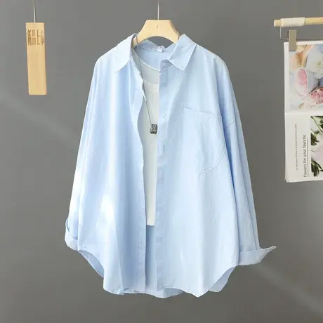中长款蓝色休闲衬衫外套女春秋2024新款设计感法小众衬衣叠穿上衣图片