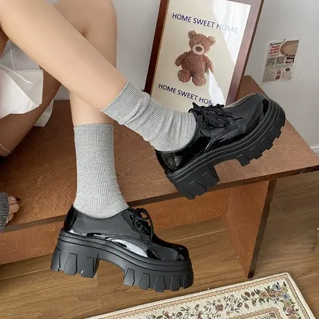 厚底黑色小皮鞋女2024春秋季新款增高复古英伦风系带jk单鞋女鞋子商品大图