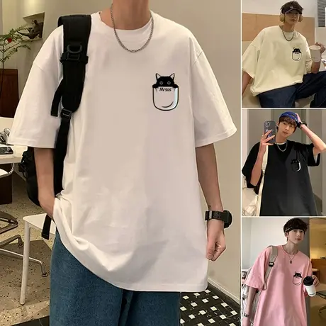美式复古猫咪印花短袖t恤男夏季宽松设计感小众上衣潮牌情侣半袖商品大图