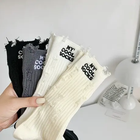 破洞袜子女秋冬款双针粗线堆堆袜日系纯色潮袜网红同款时尚中筒袜商品大图
