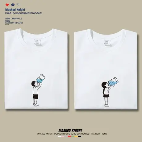 港风趣味喝水情侣装印花短袖t恤2023夏季纯棉宽松休闲圆领体恤衫商品大图