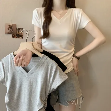 V领正肩短袖T恤女夏季紧身褶皱收腰打底衫韩版短款修身显瘦上衣潮商品大图