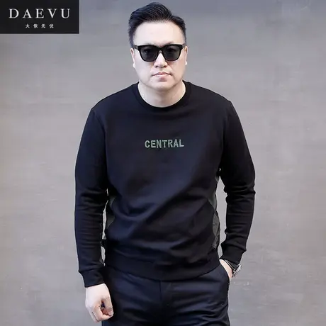 初春新款刺绣字母拼接韩版大号潮胖子加肥加大码男款圆领长袖卫衣图片