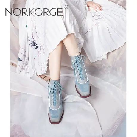 原创新款手工复古蓝色马丁靴女靴真皮方头粗跟中跟Lolita温柔短靴商品大图