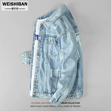 春秋浅色磨破复古牛仔外套男潮港风ins宽松上衣青年百搭机车夹克商品大图