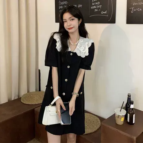 夏装200斤微胖mm大码宽松蕾丝法式娃娃领连衣裙女减龄显瘦a字裙子商品大图