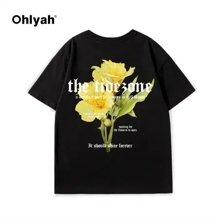 Ohlyah潮牌植物花卉黄色花朵字母短袖t恤男夏季宽松纯棉情侣上衣商品大图