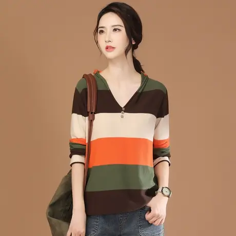 韩潮袭人复古连帽条纹长袖针织衫女2023秋新款套头毛衣薄打底上衣商品大图