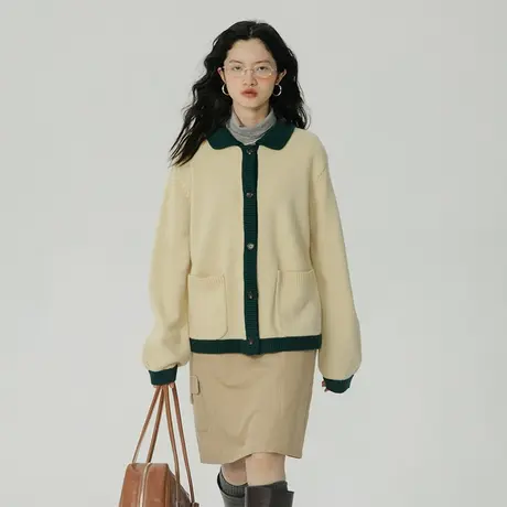 omont蛋挞家 翻领羊毛毛衣开衫外套女秋冬复古撞色设计感针织上衣图片