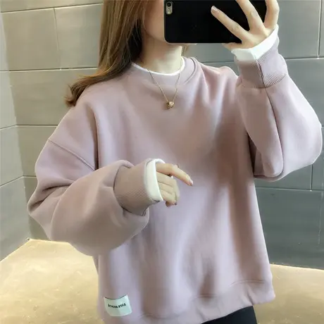 秋季纯色套头卫衣女士2023新款宽松假两件撞色拼接贴标加绒加厚潮商品大图