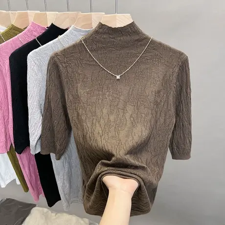 半高领针织衫2023春夏秋新款中袖打底衫外穿上衣中领短袖t恤衫女商品大图