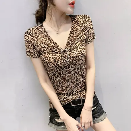 女装2023新款潮性感V领豹纹T恤女短袖夏网纱拼接洋气上衣百搭小衫商品大图
