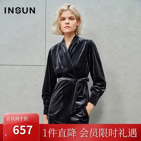 恩裳2023秋季新款优雅围裹式V领系带光泽轻奢感丝绒衬衫商品大图