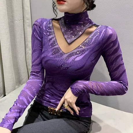 半高领网纱打底衫女士欧货秋冬性感镂空T恤显瘦洋气烫钻上衣长袖图片