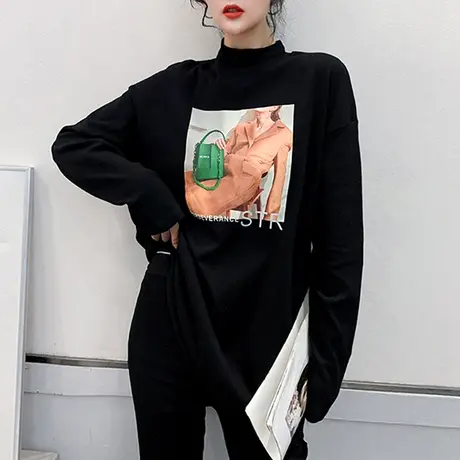 韩版宽松卫衣女秋冬设计感小众中长款上衣洋气半高领打底衫长袖潮商品大图