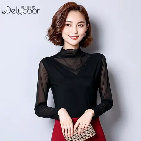 网纱打底衫女2023新款春秋内搭洋气性感蕾丝小衫黑色长袖短款上衣商品大图