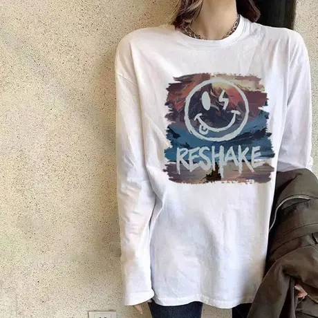 2023秋冬新款纯棉趣味印花长袖T恤女小众百搭白色原宿女士宽松潮图片